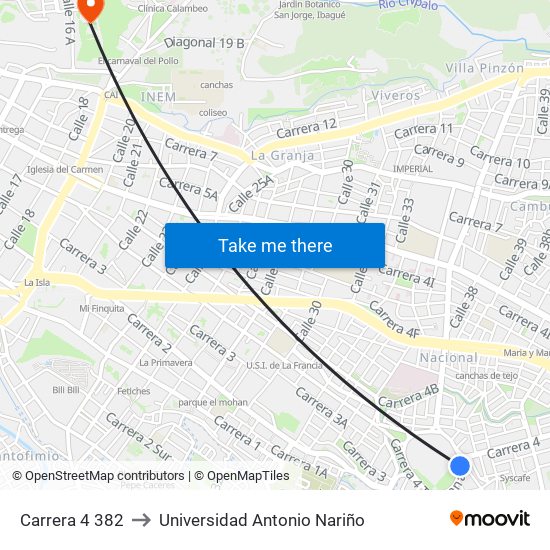 Carrera 4 382 to Universidad Antonio Nariño map