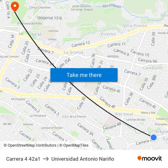 Carrera 4 42a1 to Universidad Antonio Nariño map