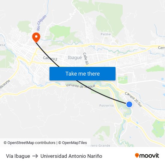 Vía Ibague to Universidad Antonio Nariño map
