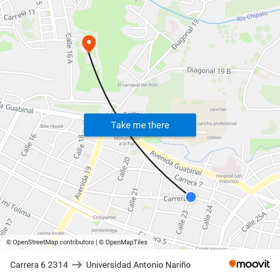 Carrera 6 2314 to Universidad Antonio Nariño map