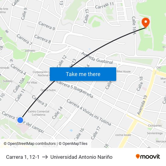 Carrera 1, 12-1 to Universidad Antonio Nariño map