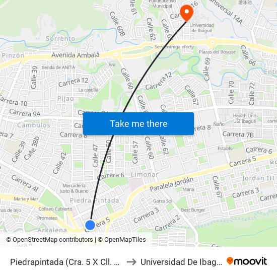Piedrapintada (Cra. 5 X Cll. 44) to Universidad De Ibagué map