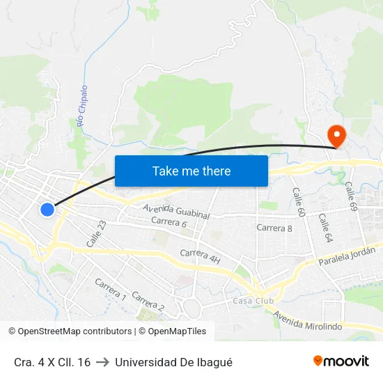 Cra. 4 X Cll. 16 to Universidad De Ibagué map