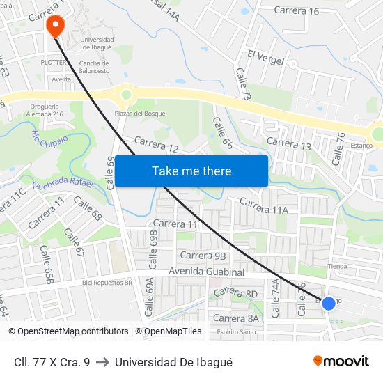 Cll. 77 X Cra. 9 to Universidad De Ibagué map