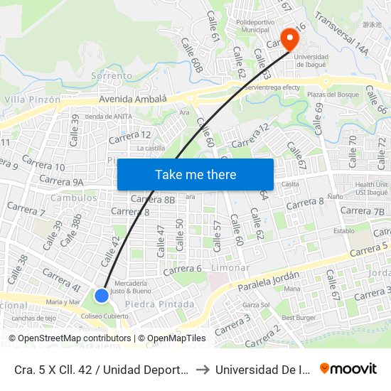 Cra. 5 X Cll. 42 / Unidad Deportiva La 42 to Universidad De Ibagué map