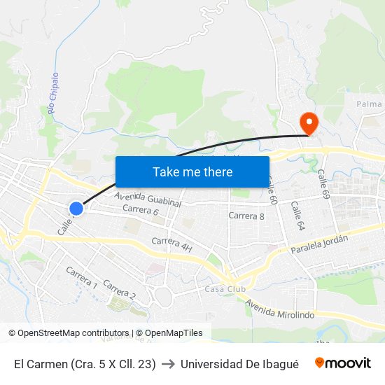 El Carmen (Cra. 5 X Cll. 23) to Universidad De Ibagué map