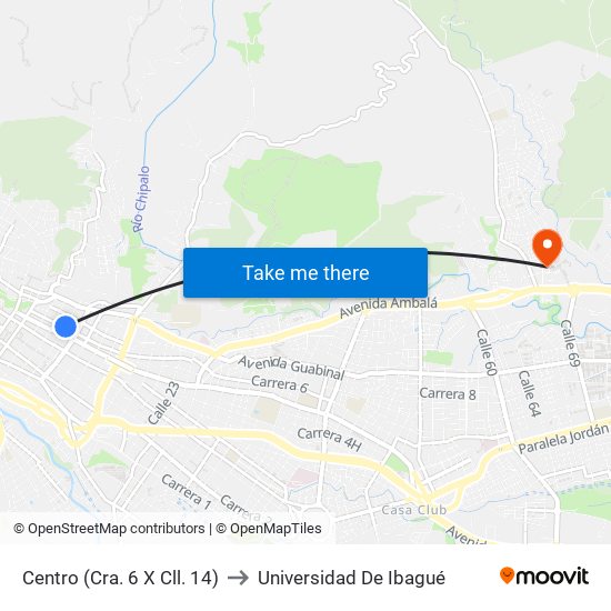 Centro (Cra. 6 X Cll. 14) to Universidad De Ibagué map
