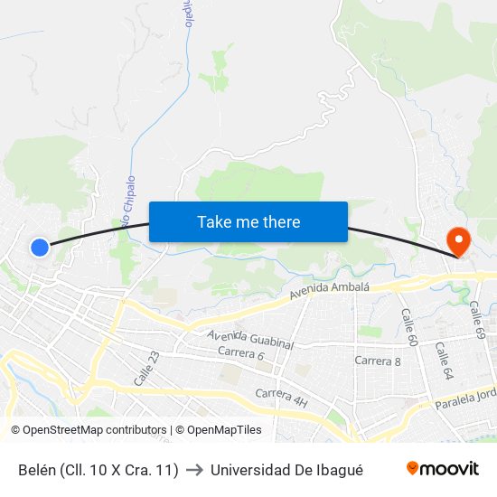 Belén (Cll. 10 X Cra. 11) to Universidad De Ibagué map