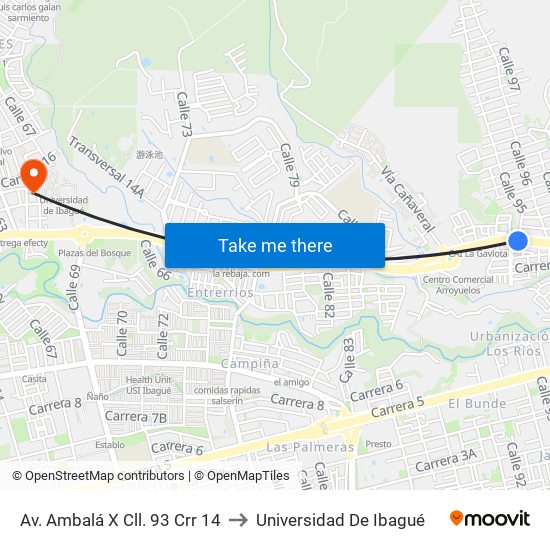 Av. Ambalá X Cll. 93 Crr 14 to Universidad De Ibagué map