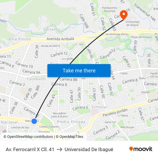 Av. Ferrocarril X Cll. 41 to Universidad De Ibagué map