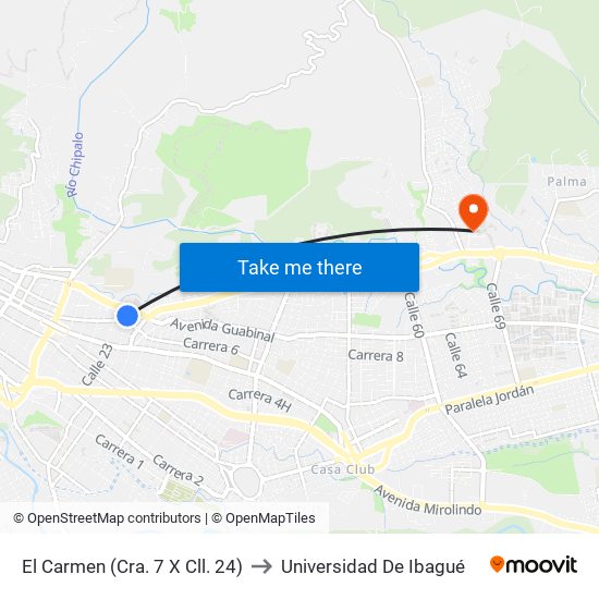El Carmen (Cra. 7 X Cll. 24) to Universidad De Ibagué map