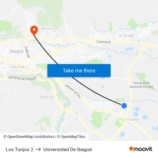 Los Tunjos 2 to Universidad De Ibagué map