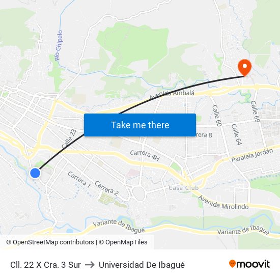 Cll. 22 X Cra. 3 Sur to Universidad De Ibagué map
