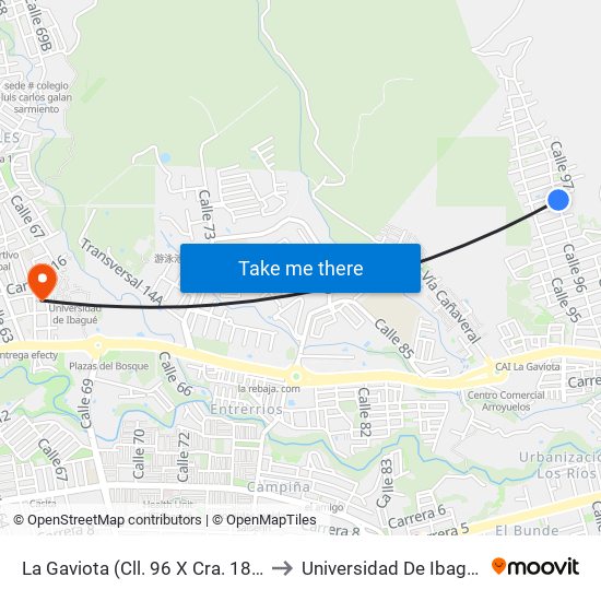 La Gaviota (Cll. 96 X Cra. 18a) to Universidad De Ibagué map