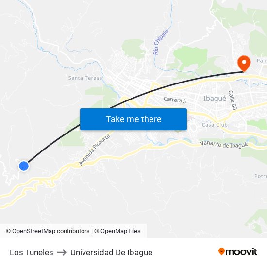 Los Tuneles to Universidad De Ibagué map