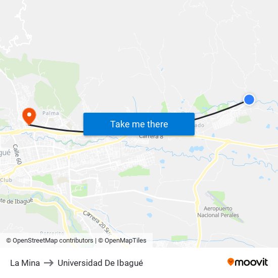 La Mina to Universidad De Ibagué map