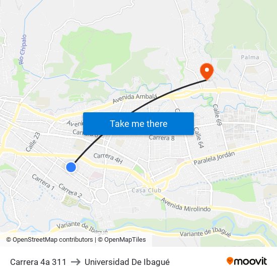 Carrera 4a 311 to Universidad De Ibagué map