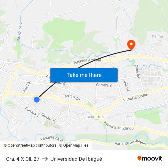 Cra. 4 X Cll. 27 to Universidad De Ibagué map