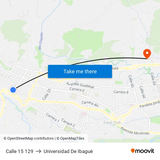 Calle 15 129 to Universidad De Ibagué map