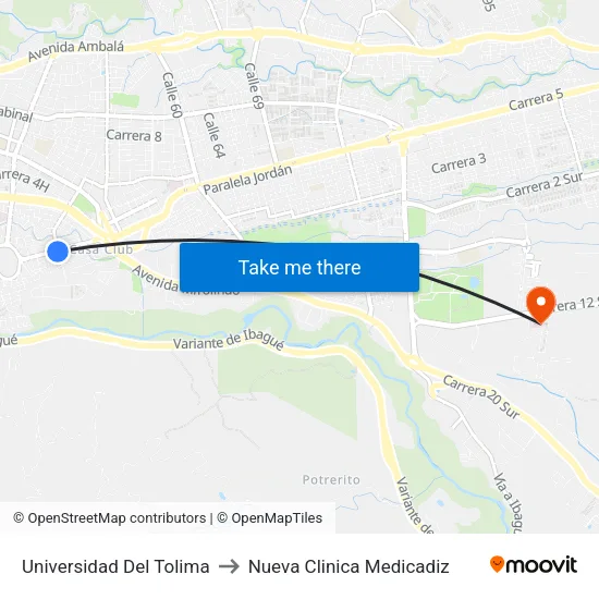 Universidad Del Tolima to Nueva Clinica Medicadiz map