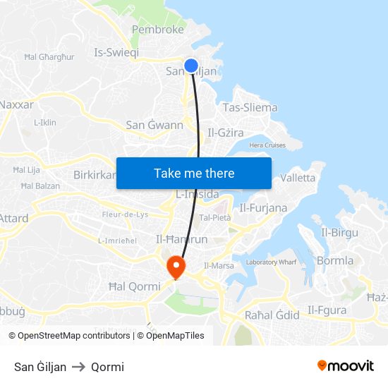 San Ġiljan to Qormi map