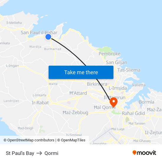 St Paul's Bay to Qormi map