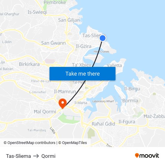 Tas-Sliema to Qormi map