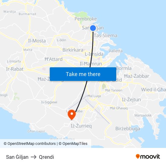 San Ġiljan to Qrendi map