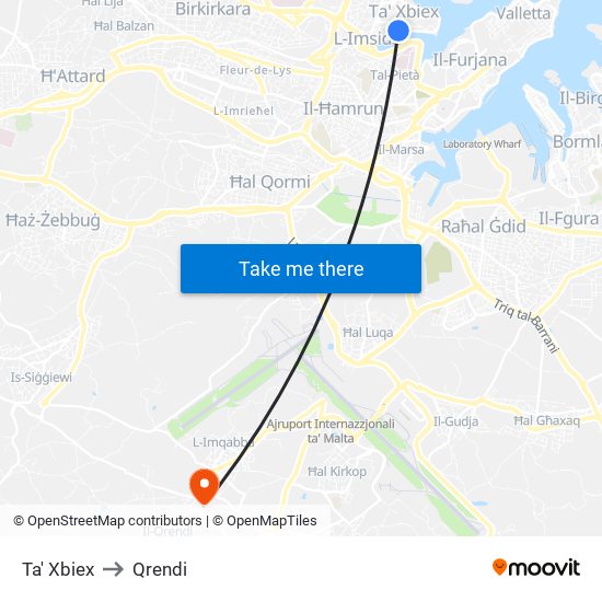 Ta' Xbiex to Qrendi map