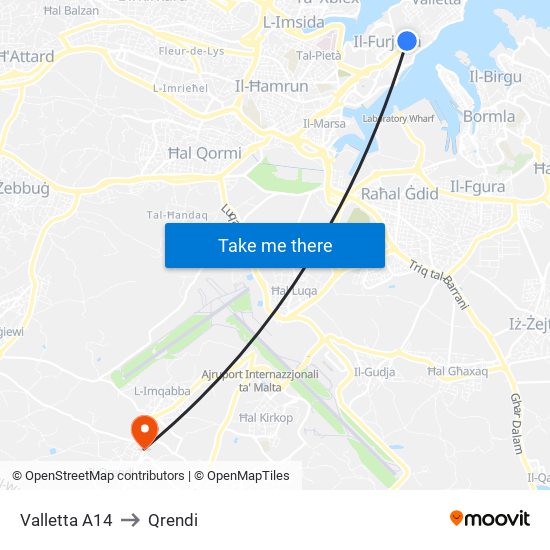 Valletta A14 to Qrendi map