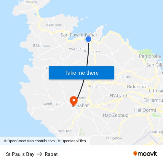 St Paul's Bay to Rabat map