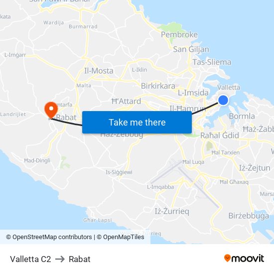 Valletta C2 to Rabat map
