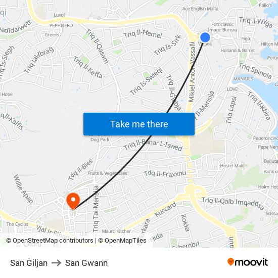 San Ġiljan to San Gwann map