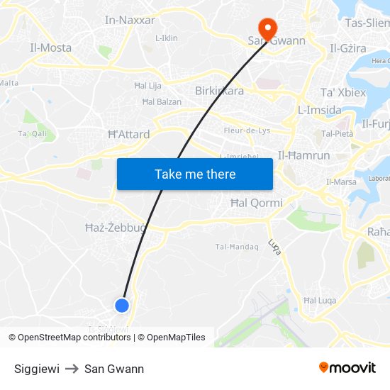 Siggiewi to San Gwann map