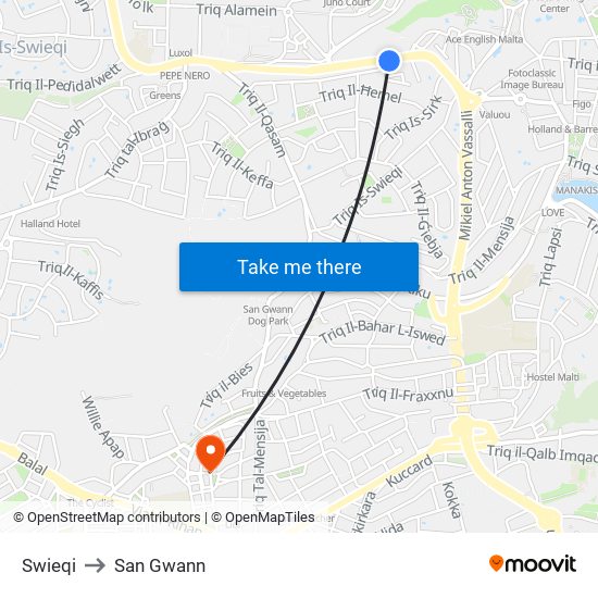 Swieqi to San Gwann map