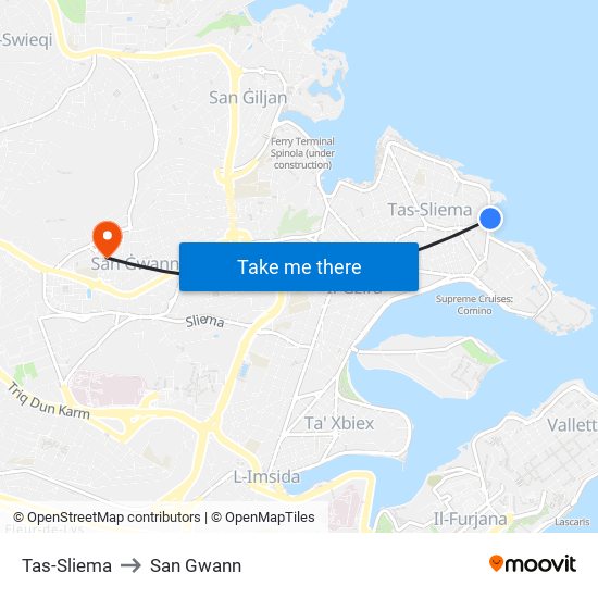 Tas-Sliema to San Gwann map