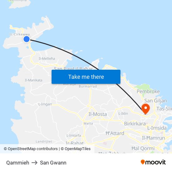 Qammieh to San Gwann map