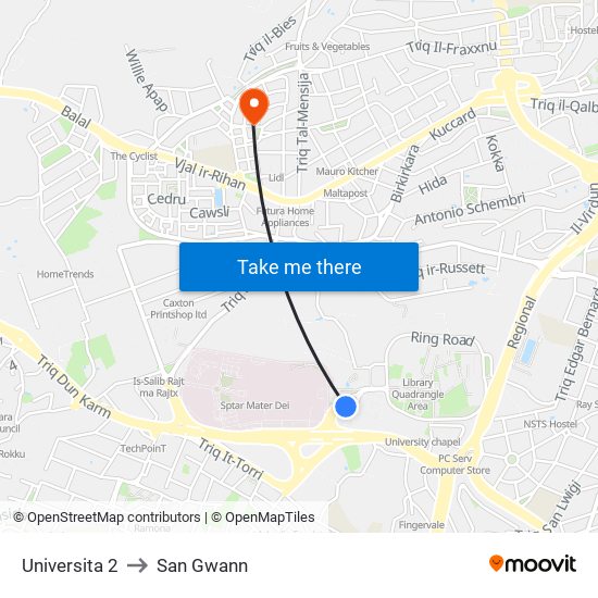 Universita 2 to San Gwann map