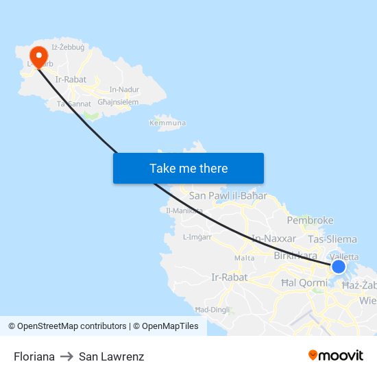 Floriana to San Lawrenz map