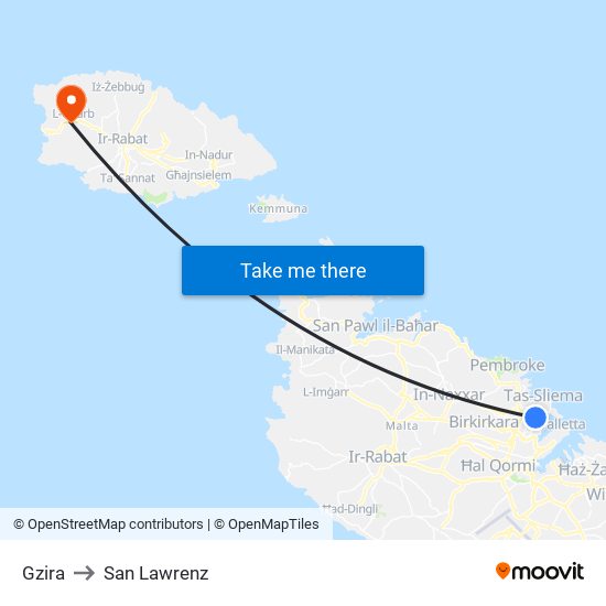 Gzira to San Lawrenz map