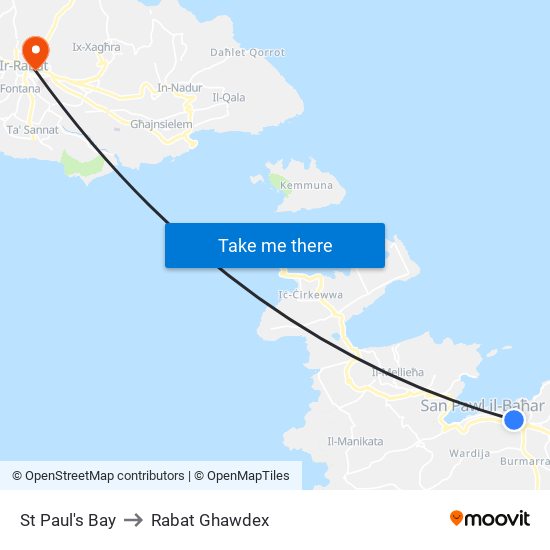 St Paul's Bay to Rabat Ghawdex map