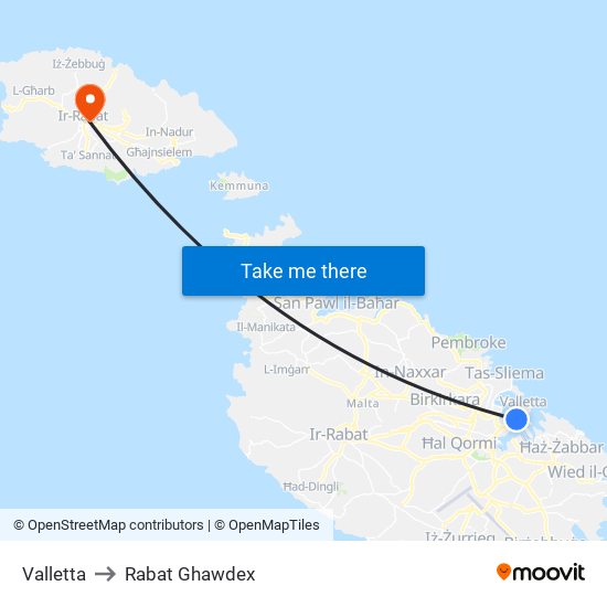 Valletta to Rabat Ghawdex map