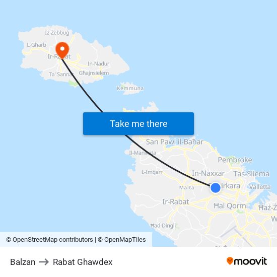 Balzan to Rabat Ghawdex map