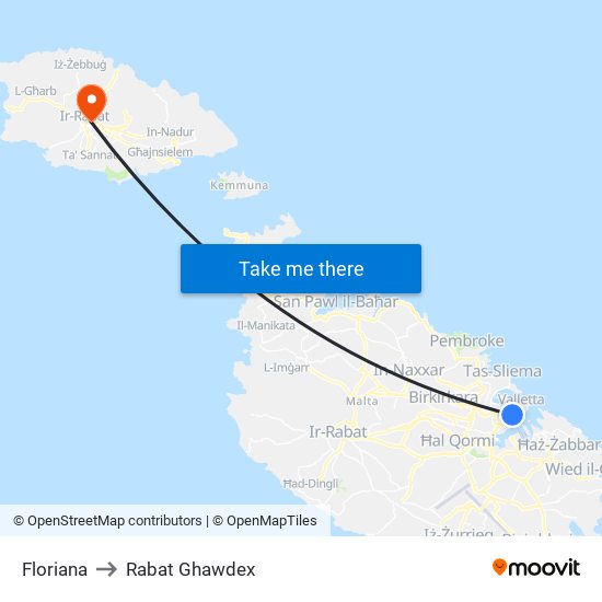 Floriana to Rabat Ghawdex map