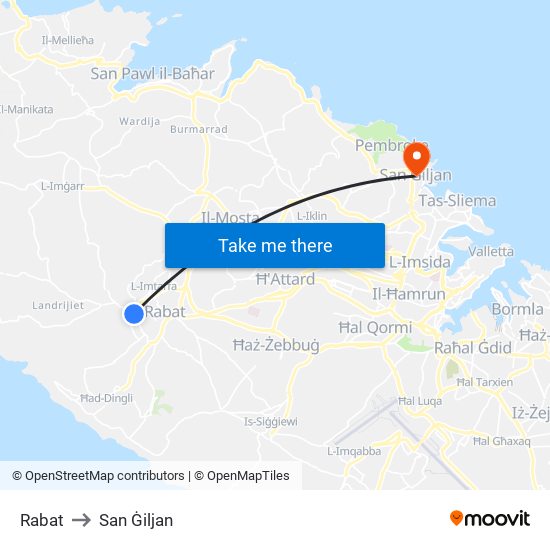 Rabat to San Ġiljan map