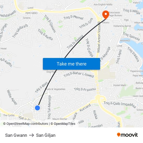 San Gwann to San Ġiljan map