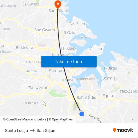 Santa Lucija to San Ġiljan map