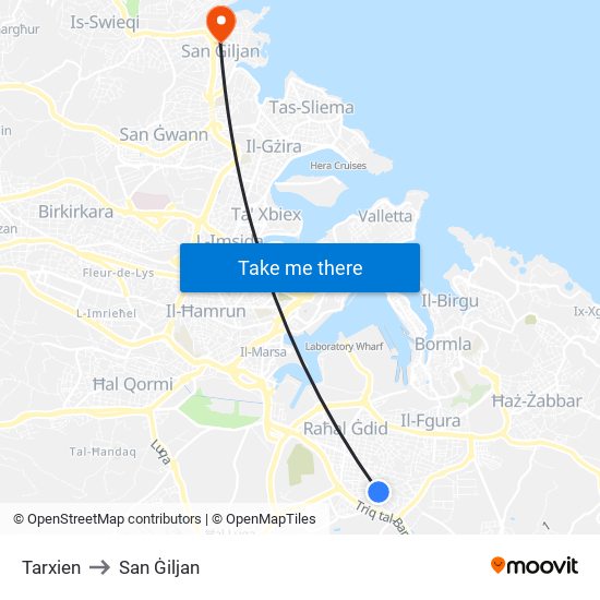 Tarxien to San Ġiljan map