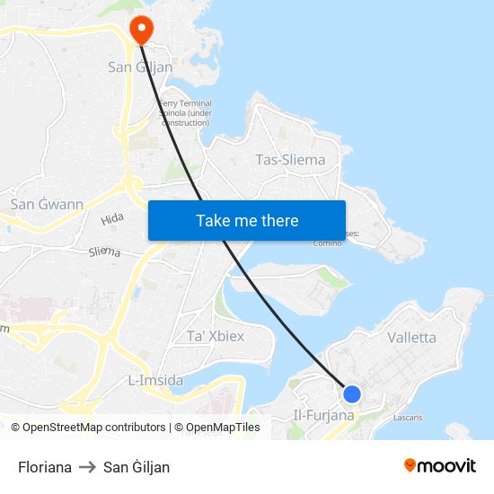 Floriana to San Ġiljan map