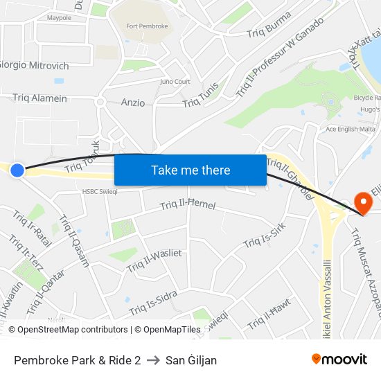 Pembroke Park & Ride 2 to San Ġiljan map